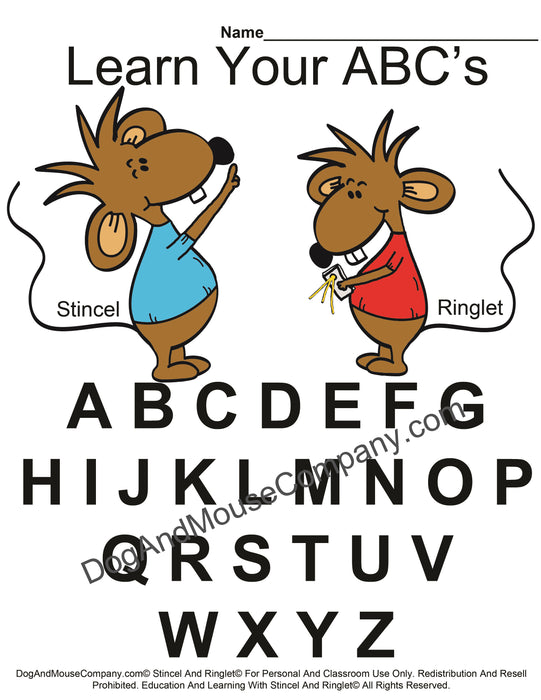 Learn Your ABC's Worksheet With Stincel And Ringlet© Printable Digital Download by DogAndMouseCompany.com© Homeschool Teach Children Kids A B C D E F G H I J K L M N O P Q R S T U V W X Y Z