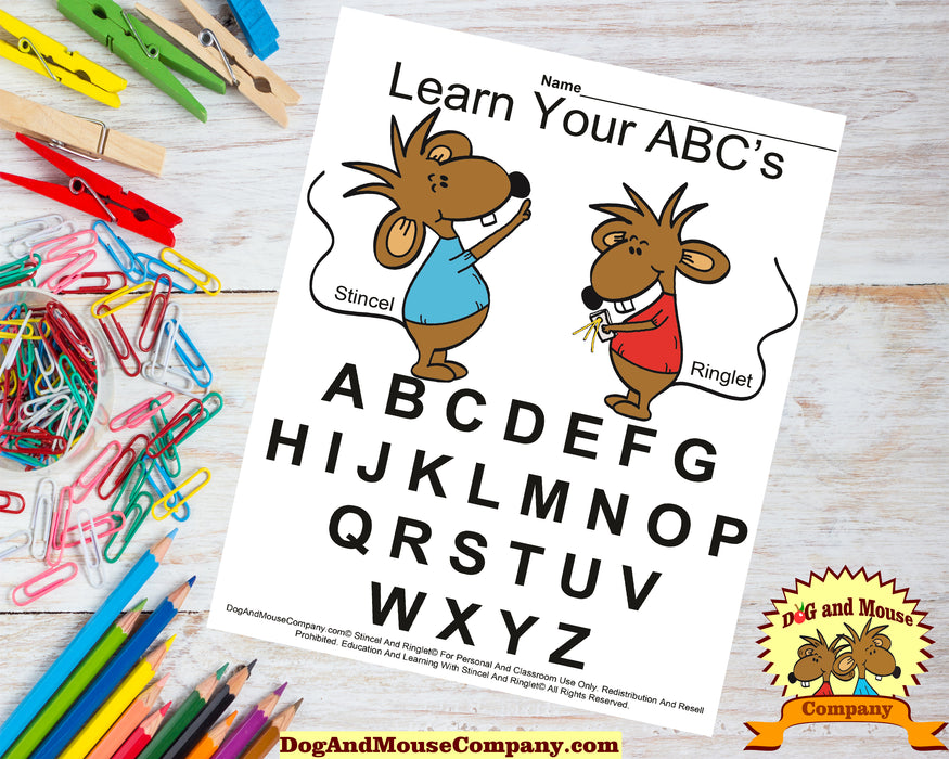 Learn Your ABC's Worksheet With Stincel And Ringlet© Printable Digital Download by DogAndMouseCompany.com© Homeschool Teach Children Kids A B C D E F G H I J K L M N O P Q R S T U V W X Y Z