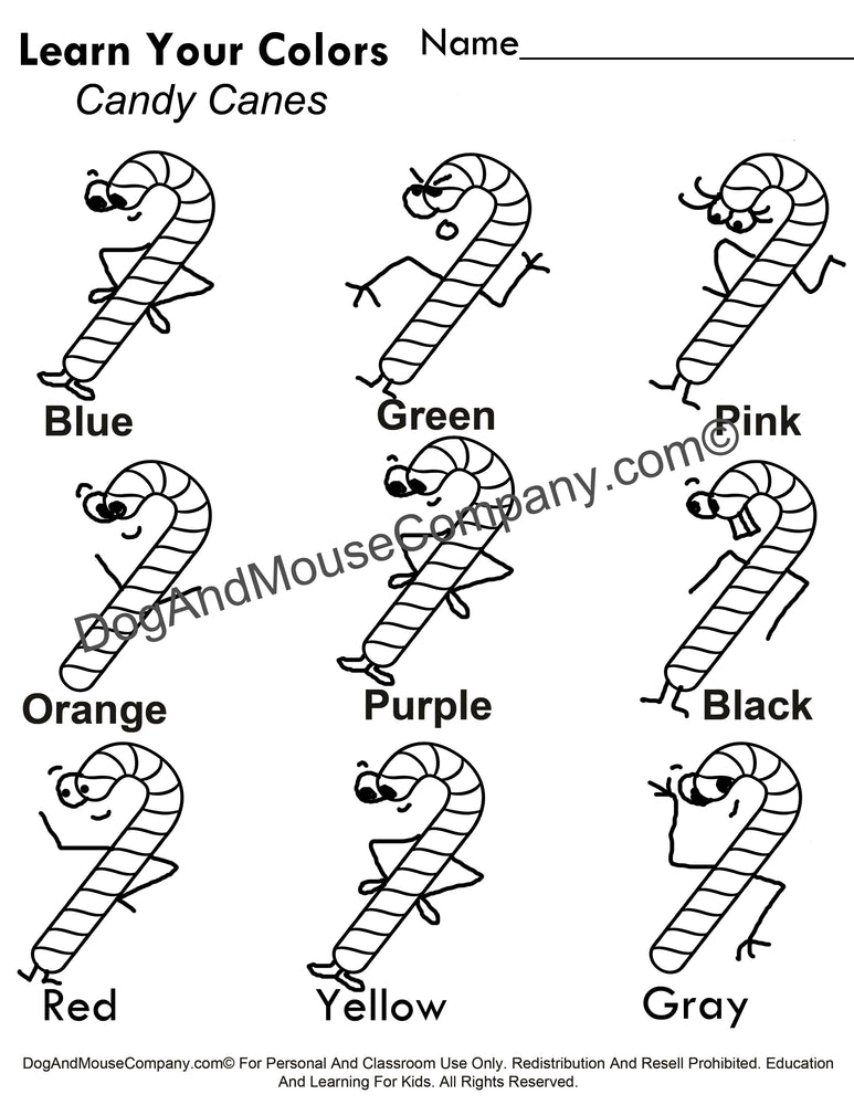 Learn Your Colors Candy Cane Christmas Coloring Page Printable Digital Download by Dog And Mouse Company