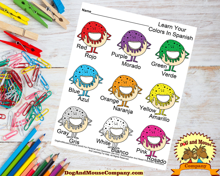 Learn Your Colors In Spanish With Donuts Preschool Worksheet by dogandmousecompany.com