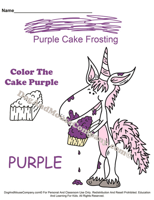 Learn Your Cake Frosting Colors With Mr. Unicorn Preschool Worksheets in Red, Pink, Blue, Orange, Black, Brown, Gray, Purple, Green, and Yellow by dogandmousecompany.com