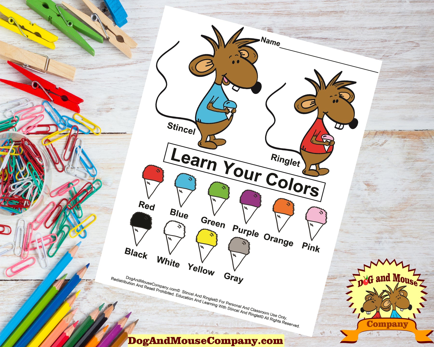 Learn Your Colors Snowcone Worksheet With Stincel And Ringlet - Printable Digital Download by Dog And Mouse Company