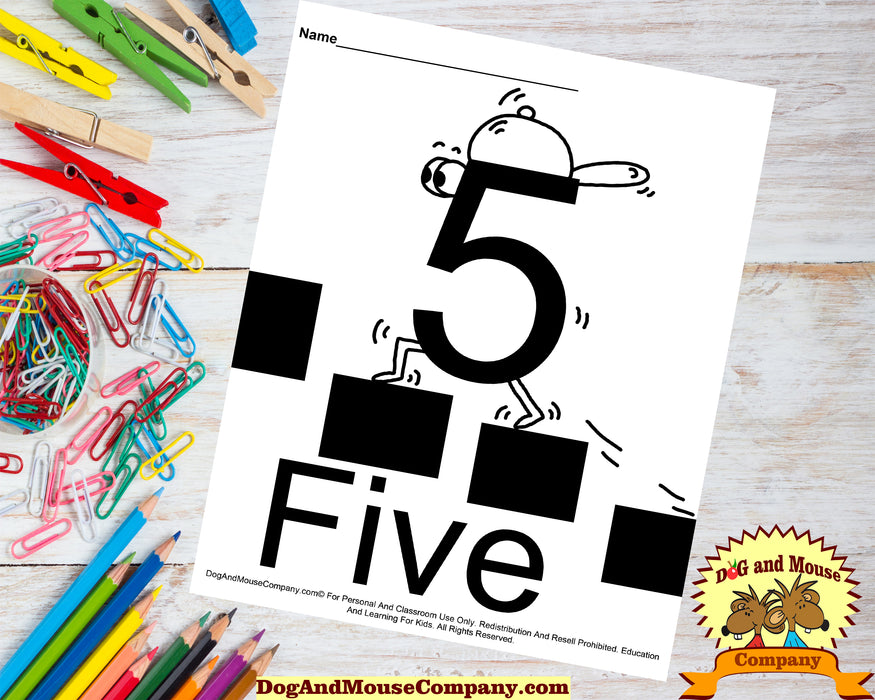 Learn The Number Five Coloring Page Preschool Worksheets by Dog and Mouse Company