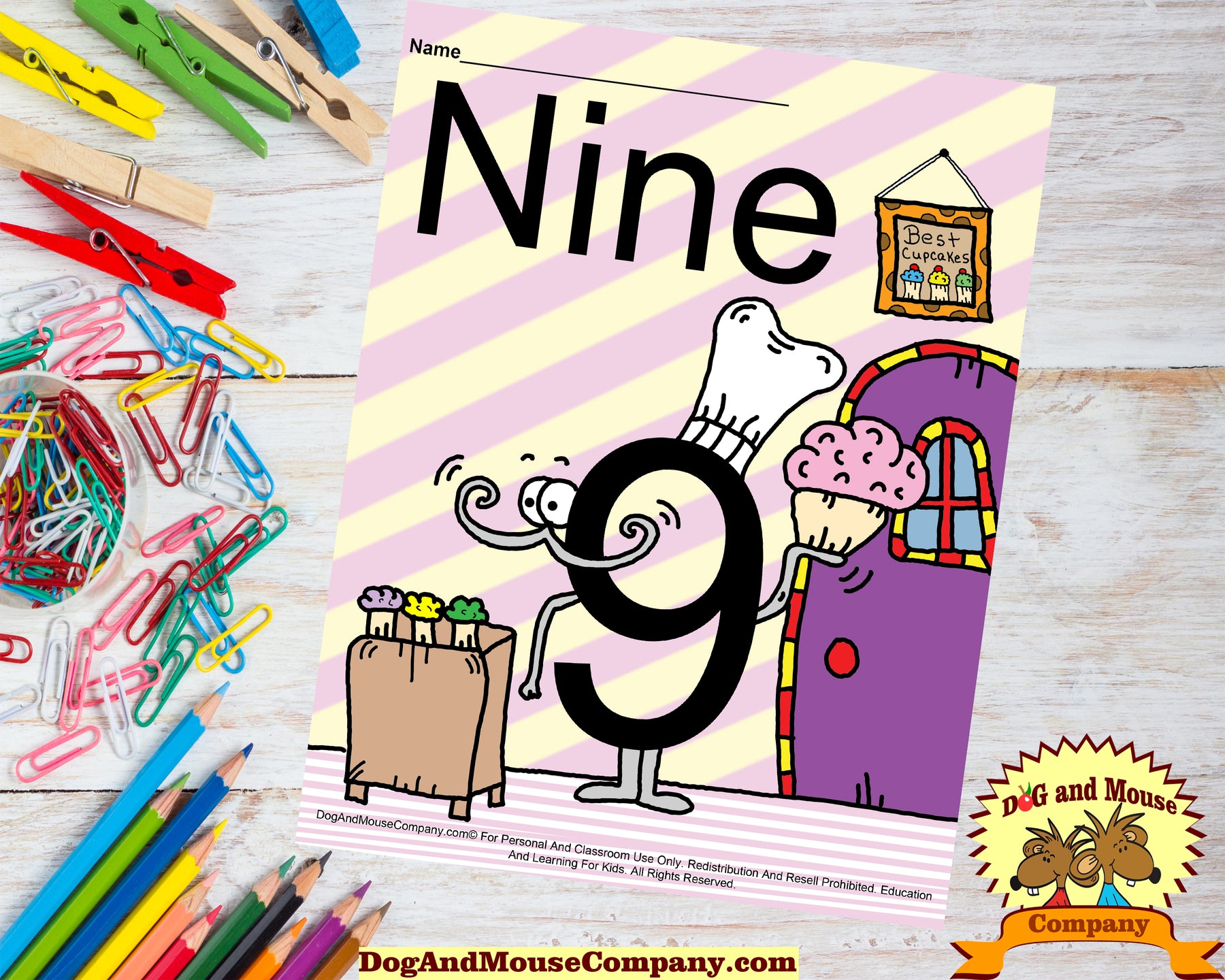 Learn The Number Nine Colored Template Preschool Worksheets by Dog And Mouse Company. Number Nine bakes the best cupcakes