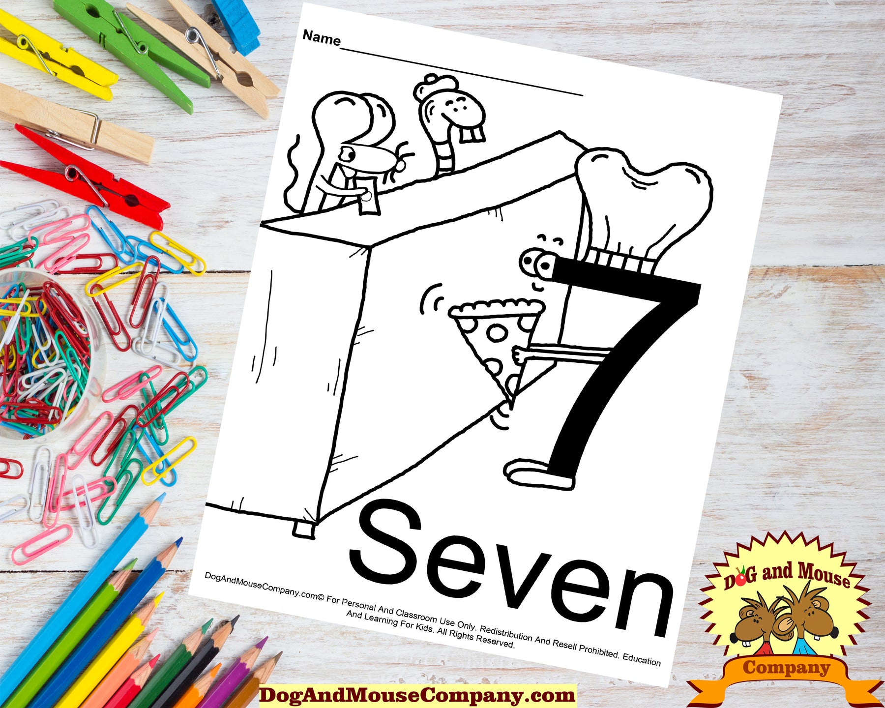 Learn The Number Seven Coloring Page by dogandmousecompany.com | Number Seven selling pizza to a mouse and a snake