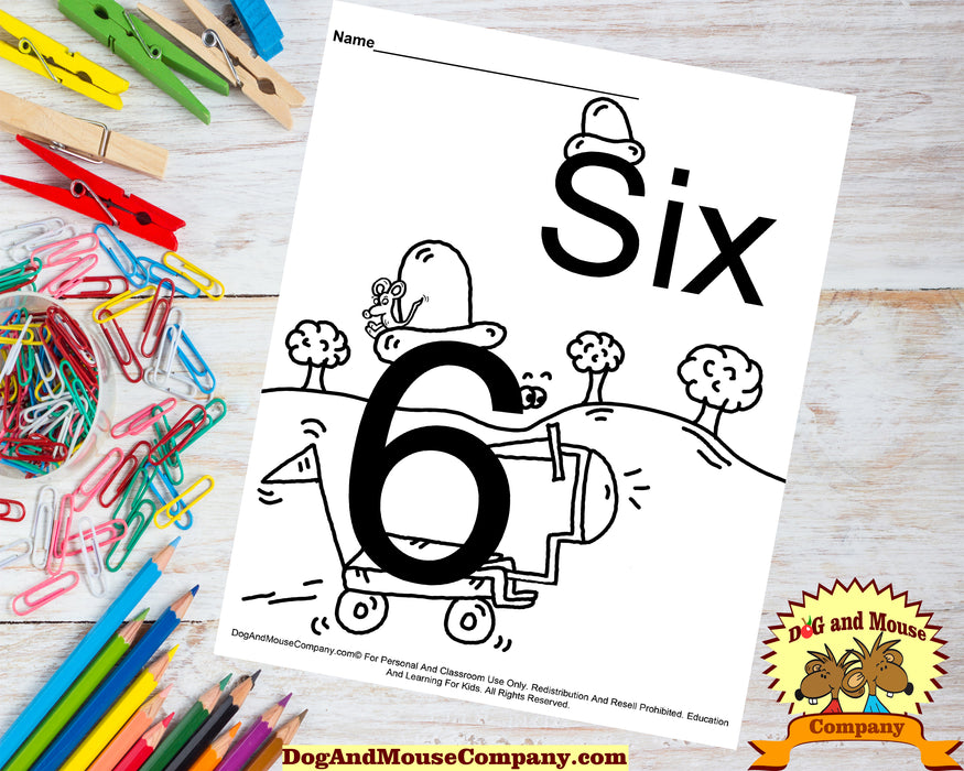 Learn The Number Six Coloring Page Preschool Worksheet by Dog And Mouse Company