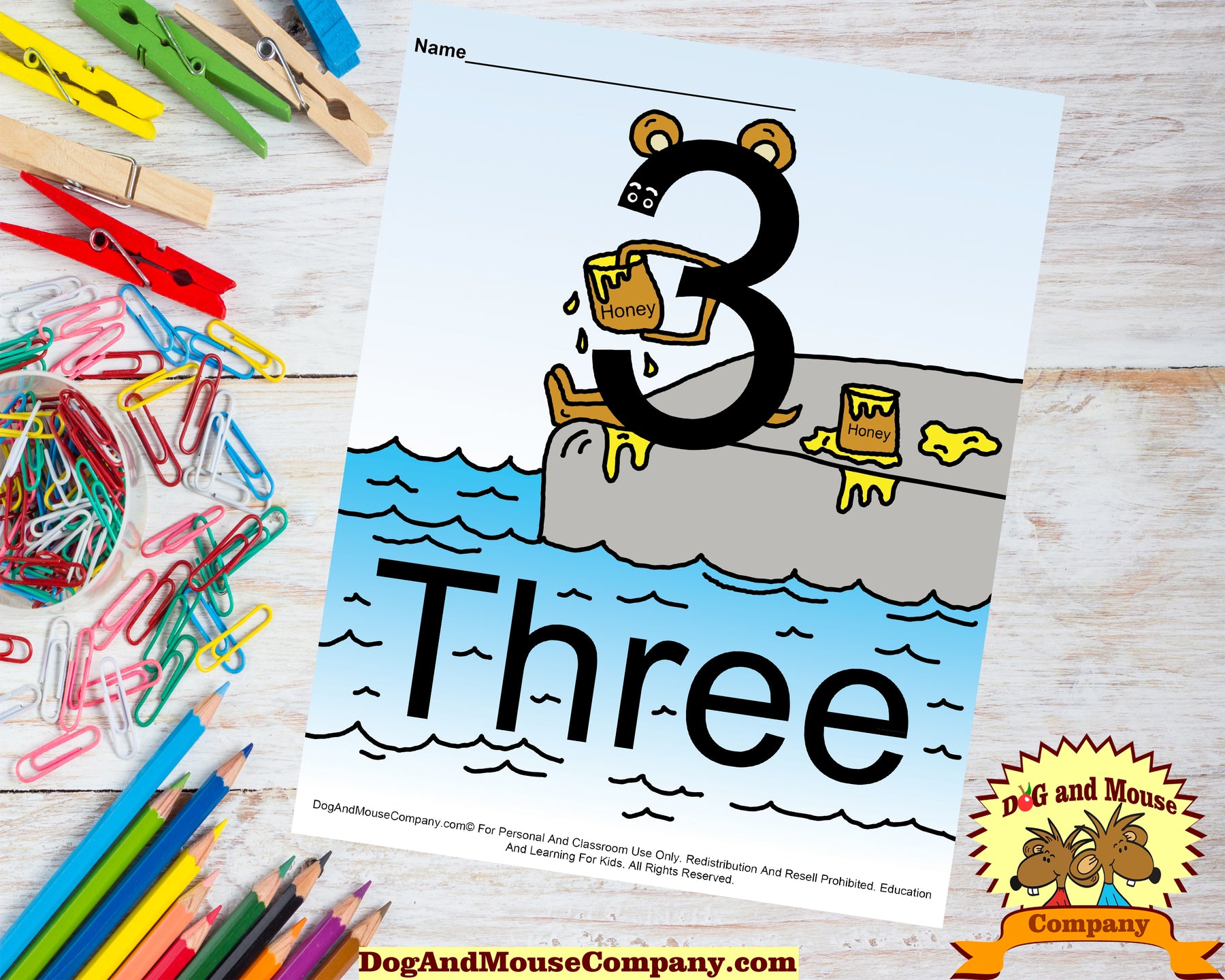 Learn The Number Three Colored Template Preschool Worksheet Dog And Mouse Company | Bear Eating Hunny on deck at water
