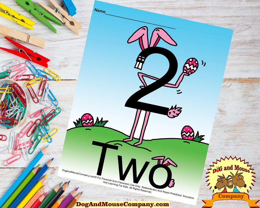 Learn The Number Two Colored Template Preschool Worksheet Learn Your Numbers Dog And Mouse Company | Easter Bunny With Easter Eggs