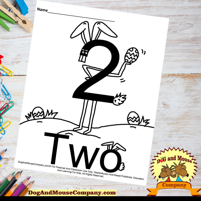 Learn The Number Two Coloring Page Preschool Worksheets Easter Bunny Easter Eggs Dog And Mouse Company