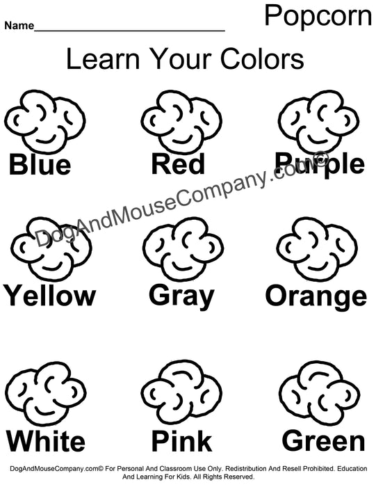 Learn Your Colors Popcorn Coloring Page Worksheet Printable Digital Download by Dog And Mouse Company