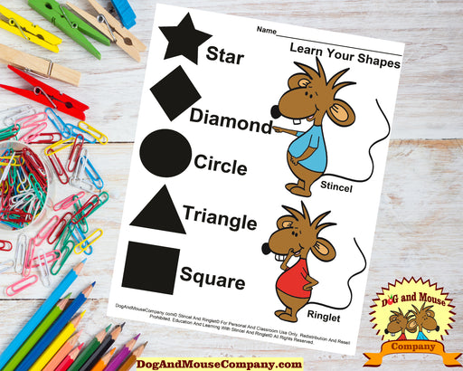 Learn Your Shapes Worksheet With Stincel And Ringlet© Printable Digital Download by DogAndMouseCompany.com© Homeschool Kids Kids Children Star Triangle Diamond Square Circle Shapes