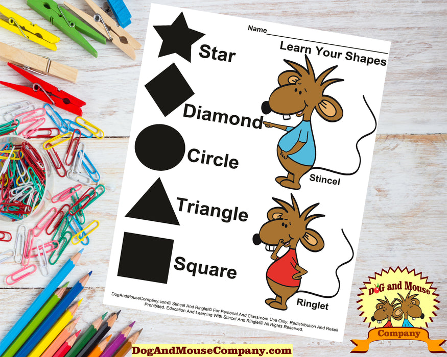 Learn Your Shapes Worksheet With Stincel And Ringlet© Printable Digital Download by DogAndMouseCompany.com© Homeschool Kids Kids Children Star Triangle Diamond Square Circle Shapes