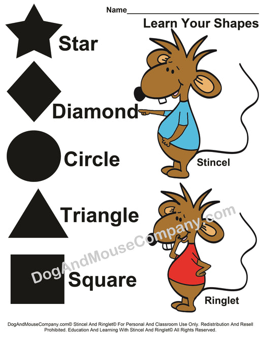 Learn Your Shapes Worksheet With Stincel And Ringlet© Printable Digital Download by DogAndMouseCompany.com© Homeschool Kids Kids Children Star Triangle Diamond Square Circle Shapes