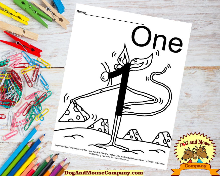 Learn The Number One With Mice Coloring Page by DogAndMouseCompany.com