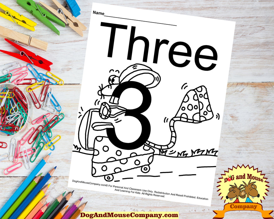 Learn The Number Three With Mice Coloring Page by DogAndMouseCompany.com