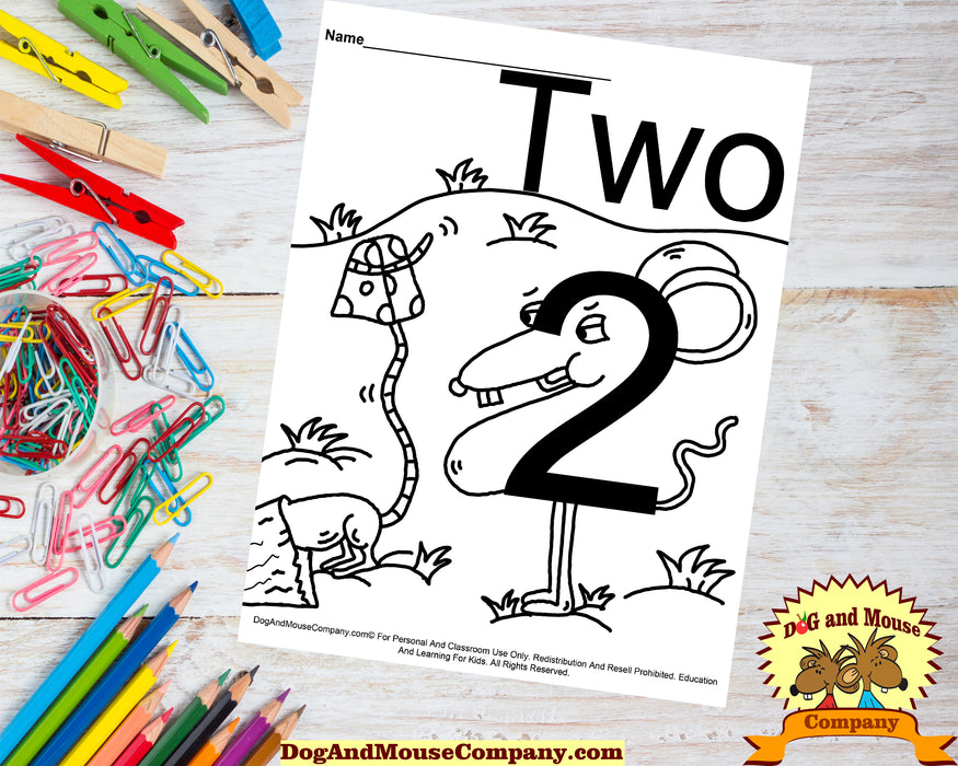 Learn The Number Two With Mice Coloring Page by DogAndMouseCompany.com