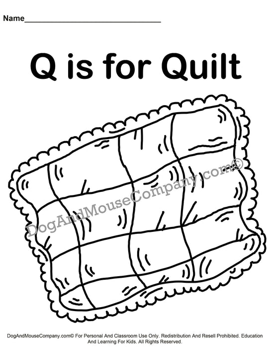 Q Is For Quilt Coloring Page | Learn Your ABC's | Worksheet Printable Digital Download by Dog And Mouse Company