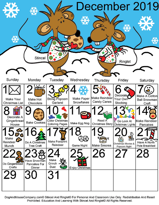 25 Days Of Christmas Activities December 2019 Calendar With Stincel And Ringlet© Printable Digital Download by DogAndMouseCompany.com©