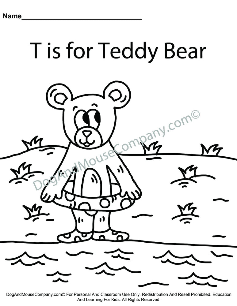 T Is For Teddy Bear Coloring Page | Learn Your ABC's | Worksheet Printable Digital Download by Dog And Mouse Company