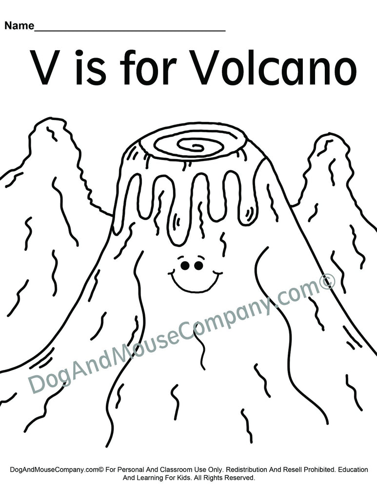 V Is For Volcano Coloring Page | Learn Your ABC's | Worksheet Printable Digital Download by Dog And Mouse Company | dogandmousecompany.com